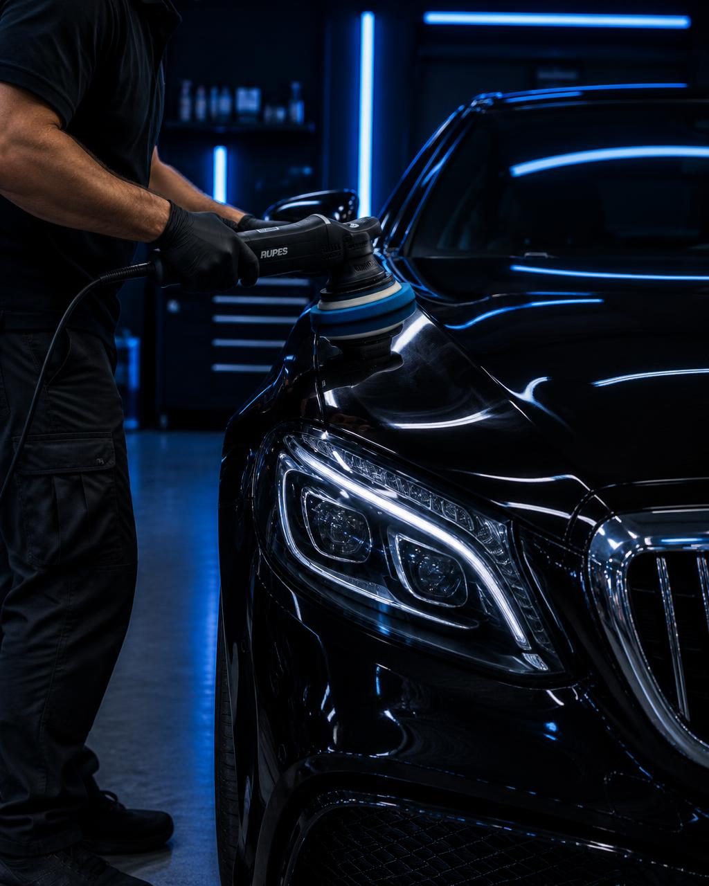 Detailer polishing a black luxury car