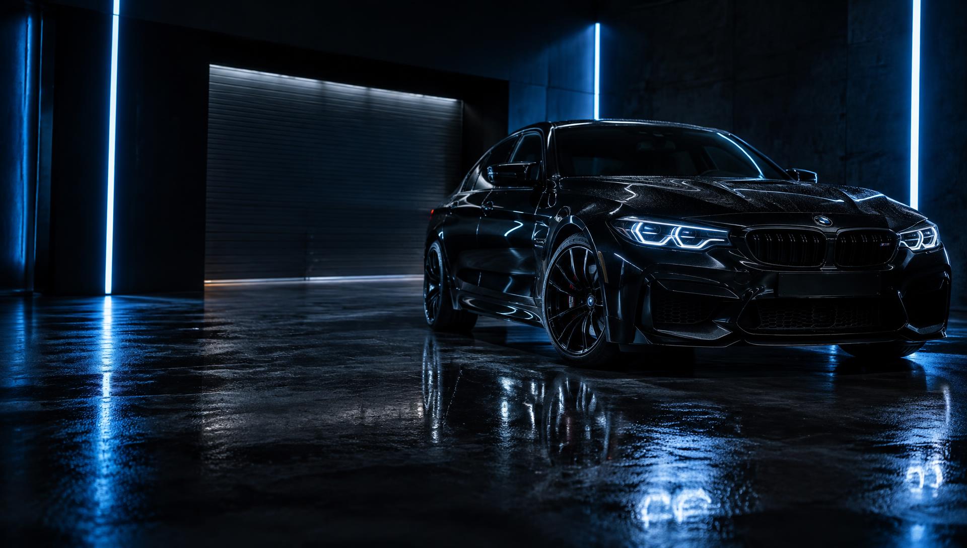 Black luxury sedan under electric blue lighting